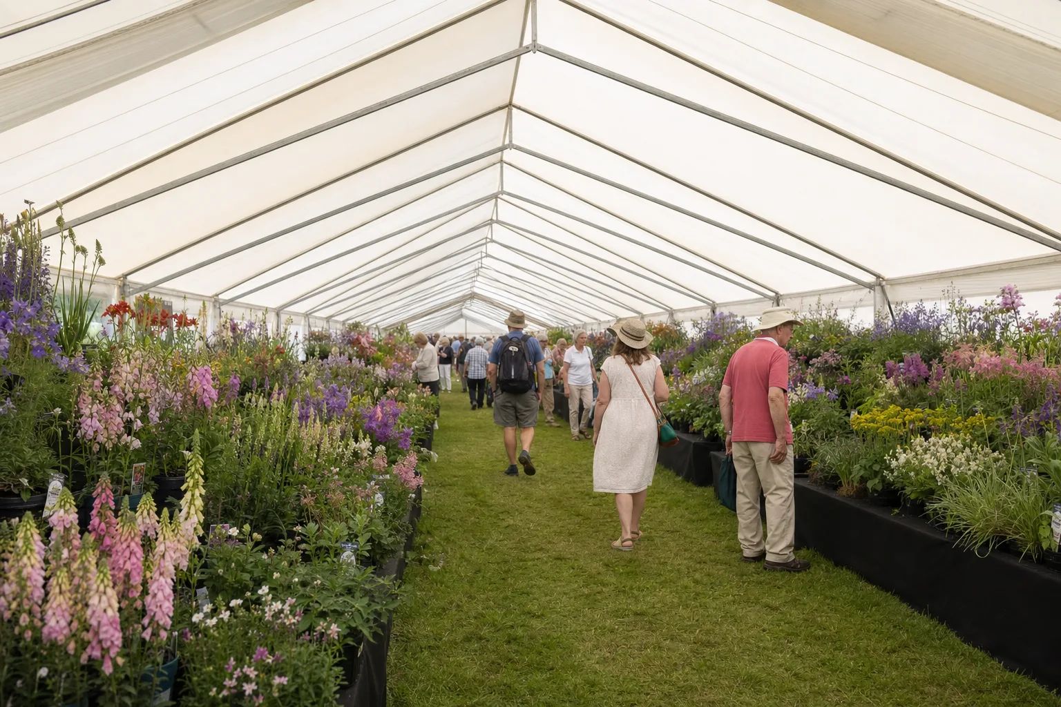 A wide flower show marquee in parkland with visitors among staged perennials